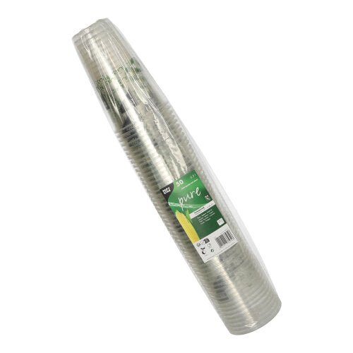 50 PAPSTAR PLA drinking cups "Cup made of corn", clear, wrapped in foil with a green-white label from PAPSTAR GmbH - eco-friendly and neatly arranged in a column.