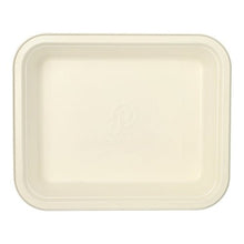 Rectangular PAPSTAR Gastronorm container GN 1/2 made of white sugarcane with a raised edge and rounded corners, visible from above, with a central logo and PLA coating. The eco-friendly tray is empty.