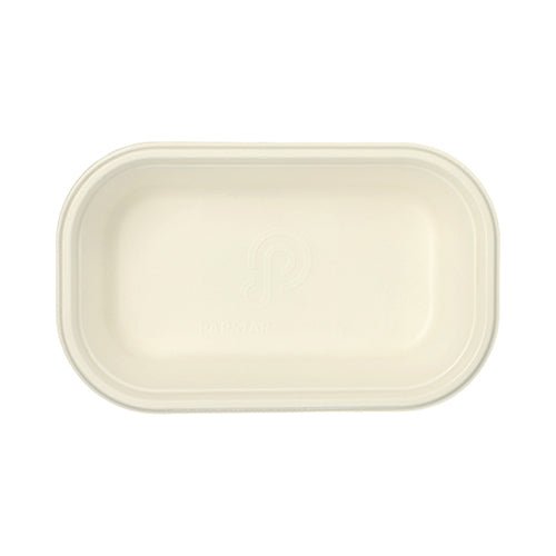 A rectangular, white PAPSTAR Gastronorm container GN 1/4 made of compostable sugarcane fibers from PAPSTAR GmbH, viewed from above on a white background.