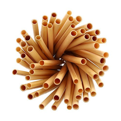 A bundle PAPSTAR "Pure" Reed Cocktail Straws (15 cm, Ø 7 mm, 100 pieces) from the PAPSTAR The GmbH logo is arranged in a circle against a white background and viewed from above.