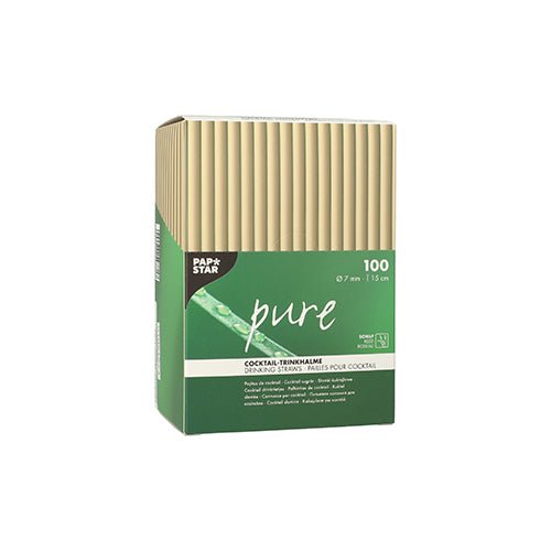 A green-and-beige box from the PAPSTAR A GmbH package labeled "pure" contains 100 reed cocktail straws (15 cm, Ø 7 mm), with some of the straws partially visible at the top.