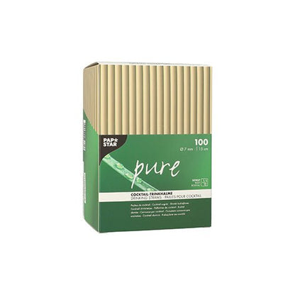 A green-and-beige box from the PAPSTAR A GmbH package labeled "pure" contains 100 reed cocktail straws (15 cm, Ø 7 mm), with some of the straws partially visible at the top.