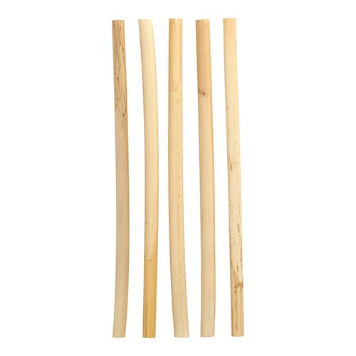 Five PAPSTAR reed straws "pure" (Ø 10 mm, 25 cm) from the environmentally friendly folding box (50 pieces) by PAPSTAR GmbH are arranged vertically in different shades on a white background.