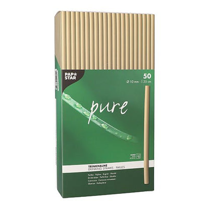 A green box from PAPSTAR GmbH contains 50 "pure" environmentally friendly reed straws (Ø10mm, 25cm) in beige. The front shows product information in various languages and a straw image.
