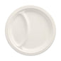 The PAPSTAR 50 plates sugarcane "pure" white by PAPSTAR GmbH is a sustainable, white disposable plate with two separate compartments and is made from sugarcane; depicted from above on a simple background.