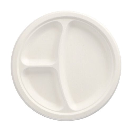 The round, white PAPSTAR 50 plates made of sugarcane "pure" by PAPSTAR GmbH has three differently sized compartments – sustainable and practical for every occasion, viewed from above against a neutral background.
