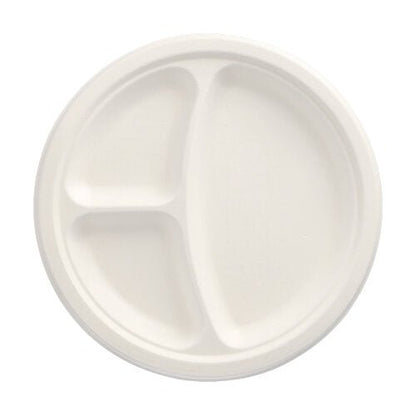 The round, white PAPSTAR 50 plates made of sugarcane "pure" by PAPSTAR GmbH has three differently sized compartments – sustainable and practical for every occasion, viewed from above against a neutral background.