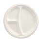 The round, white PAPSTAR 50 plates made of sugarcane "pure" by PAPSTAR GmbH has three differently sized compartments – sustainable and practical for every occasion, viewed from above against a neutral background.