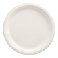 A simple, round, white PAPSTAR 50 sugarcane "pure" plates from PAPSTAR GmbH is photographed from above on a white background. The eco-friendly disposable plate has a slightly raised edge and no decorations or markings.