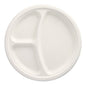 A round disposable plate PAPSTAR 50 plates, sugarcane "pure" white by PAPSTAR GmbH, with three compartments (one large, two small), sustainable and biodegradable – photographed empty from a bird's eye view against a white background.
