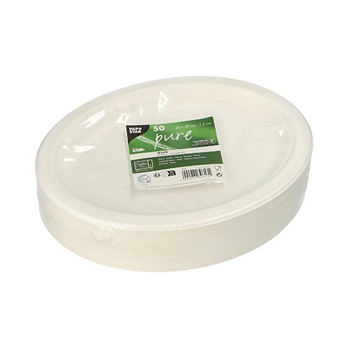 A stack of white, oval disposable plates PAPSTAR 50 plates, sugarcane "pure" of PAPSTAR GmbH, wrapped in foil with a green-white label.