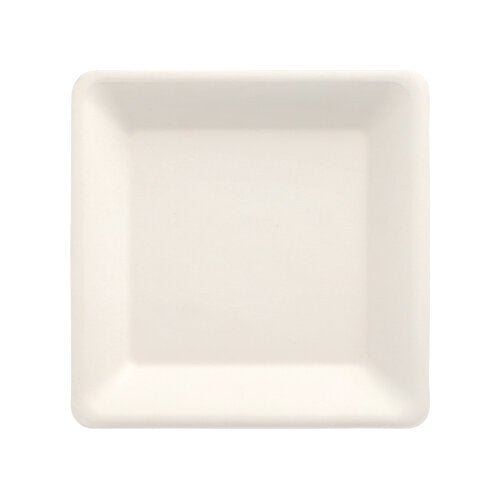 A PAPSTAR 50 plates, sugarcane "pure", square plate from PAPSTAR GmbH with slightly rounded edges, made from biodegradable sugarcane, shown from above on a white background.