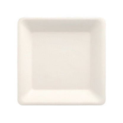 A PAPSTAR 50 plates, sugarcane "pure", square plate from PAPSTAR GmbH with slightly rounded edges, made from biodegradable sugarcane, shown from above on a white background.