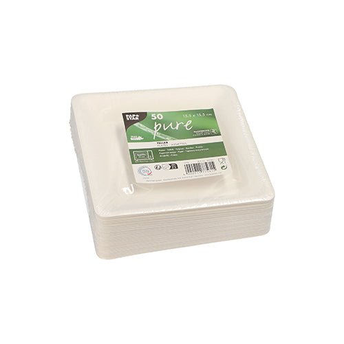 A stack of PAPSTAR GmbH PAPSTAR 50 plates, sugarcane "pure", square white, biodegradable disposable plates, size 15.5 x 15.5 cm, wrapped in plastic with a green-white label with the inscription "50 pieces".