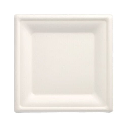 The PAPSTAR 50 plates, sugarcane "pure" from PAPSTAR GmbH is a simple white, square plate with a raised edge - perfect for eco-friendly gastronomy and presentation of biodegradable or sustainable sugarcane tableware.