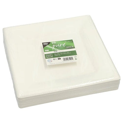 A stack of PAPSTAR 50 plates made of sugarcane "pure", sustainable and compostable, from PAPSTAR GmbH, packed in plastic. The green-white label on top shows product information and the number 50.