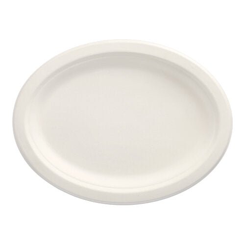 On a white background, PAPSTAR 12 plates "pure" oval made of sugarcane can be seen - environmentally friendly and sustainable by PAPSTAR GmbH, ideal for any occasion.