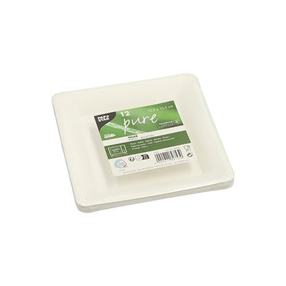 A stack of 12 square white PAPSTAR sugarcane plates ("pure") with a green label, recycling symbols, and notes on biodegradability; made from eco-friendly material.