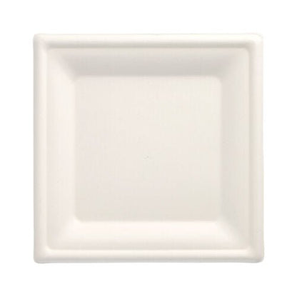 The PAPSTAR 12 plates, sugarcane "pure" square, white by PAPSTAR GmbH is a simple, square white plate with a slightly raised edge and smooth surface – an eco-friendly option for elegant food presentation.