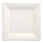 The PAPSTAR 12 sugarcane plates "pure" square, white by PAPSTAR GmbH is a white, square plate with a slightly raised edge. Made from sugarcane, its eco-friendly design is ideal for modern, environmentally conscious households.