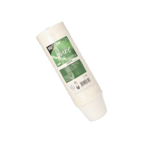 Depicted is a pack of 50 white PAPSTAR "pure" sugarcane bowls by PAPSTAR GmbH, packed in transparent plastic with a green-white label with product details and barcodes.