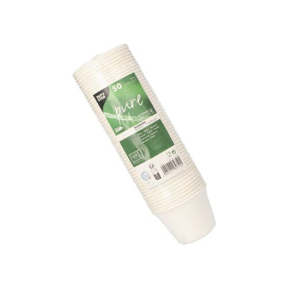 Depicted is a pack of 50 white PAPSTAR "pure" sugarcane bowls by PAPSTAR GmbH, packed in transparent plastic with a green-white label with product details and barcodes.