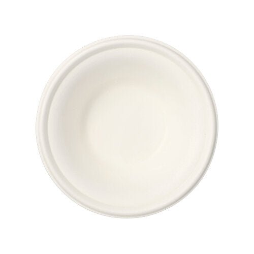 A round, simple white bowl from the "pure" collection (12 bowls) by PAPSTAR GmbH, made from eco-friendly sugarcane, seen from above on a white background.