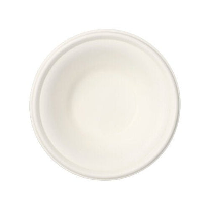 A round, simple white bowl from the "pure" collection (12 bowls) by PAPSTAR GmbH, made from eco-friendly sugarcane, seen from above on a white background.