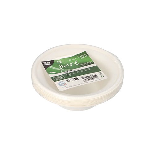 A stack of twelve white disposable bowls by PAPSTAR GmbH in shrink wrap. The green-white label bears the inscription "PAPSTAR 12 bowls, sugarcane 'pure'" and shows product information and certification logos. The bowls are made from sugarcane and are biodegradable. The background is plain white.