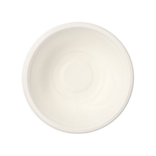 A simple, round, white bowl "PAPSTAR 12 bowls, sugarcane 'pure'" by PAPSTAR GmbH is seen from above on a white background and reminds of eco-friendly disposable tableware.