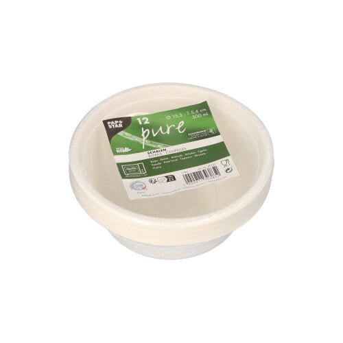 A stack of 12 PAPSTAR bowls, sugarcane "pure" by PAPSTAR GmbH in a packaging with a green label. Each eco-friendly disposable bowl holds 500 ml and is made from biodegradable material.