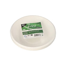 A stack of twelve PAPSTAR 12 bowls, sugarcane "pure" by PAPSTAR GmbH, white, round, eco-friendly disposable plates, wrapped in plastic with a green-white label with product details and symbols for recycling and compostability (biodegradable).