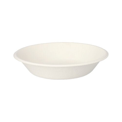 The PAPSTAR 12 bowls made of sugarcane "pure" by PAPSTAR GmbH are seen on a white background. The biodegradable disposable tableware impresses with its simple design and slightly raised edge.