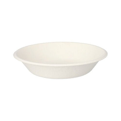 The PAPSTAR 12 bowls made of sugarcane "pure" by PAPSTAR GmbH are seen on a white background. The biodegradable disposable tableware impresses with its simple design and slightly raised edge.