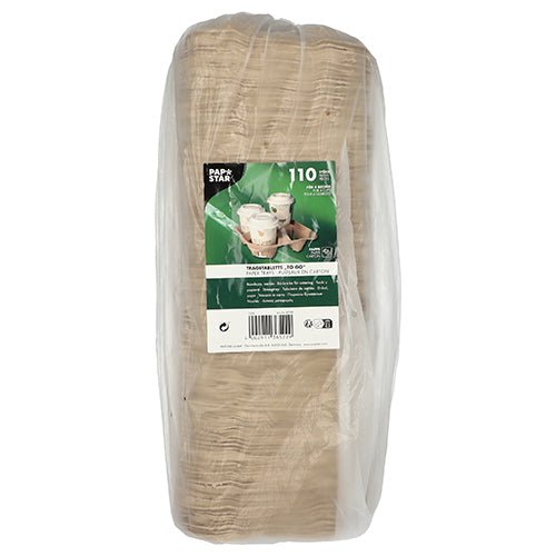 A transparent plastic packaging with 110 PAPSTAR GmbH carrying trays "To Go" in natural color, each 4.7x22.4 cm for cups. The eco-friendly label shows images of disposable tableware and product details in multiple languages.
