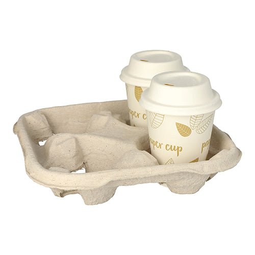 The eco-friendly PAPSTAR carrying tray "To Go" made of cardboard (4.7x22.4 cm) holds four cups, securely holds two paper cups with white plastic lids - two spaces remain free. Packaging unit: 110 pieces.