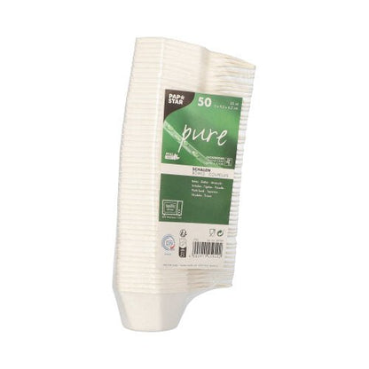 A pack of 50 white hexagonal "pure" sugarcane finger food bowls from PAPSTAR GmbH - eco-friendly disposable plates, perfect for sustainable gatherings.