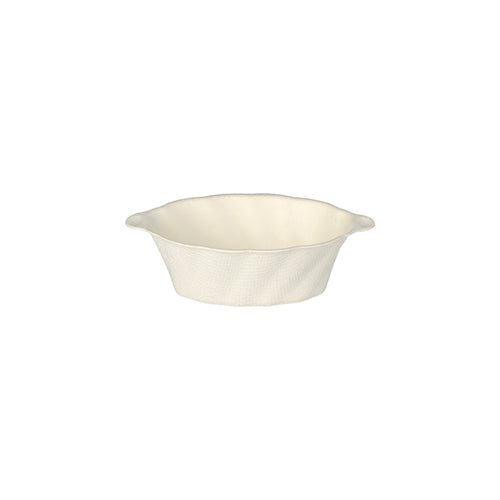A simple white ceramic baking dish with small handles is displayed - a classic contrast to the sustainable PAPSTAR GmbH finger food bowls sugarcane "Wave", 3x9.5x6 cm, white, foil (50 pieces).