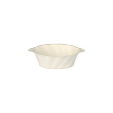 A simple white ceramic baking dish with small handles is displayed - a classic contrast to the sustainable PAPSTAR GmbH finger food bowls sugarcane "Wave", 3x9.5x6 cm, white, foil (50 pieces).