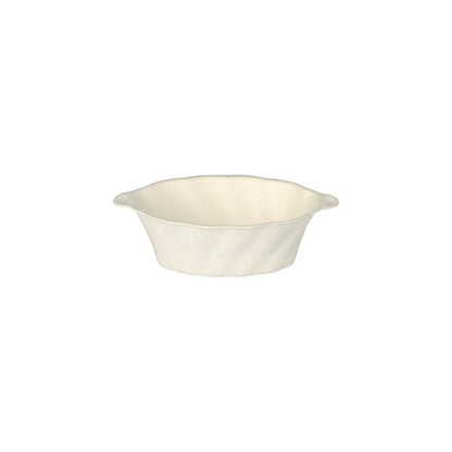A simple white ceramic baking dish with small handles is displayed - a classic contrast to the sustainable PAPSTAR GmbH finger food bowls sugarcane "Wave", 3x9.5x6 cm, white, foil (50 pieces).
