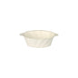 A simple white ceramic baking dish with small handles is displayed - a classic contrast to the sustainable PAPSTAR GmbH finger food bowls sugarcane "Wave", 3x9.5x6 cm, white, foil (50 pieces).