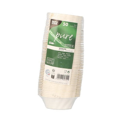 A stack of 50 PAPSTAR finger food bowls sugarcane, white, 3x9.5x6 cm "Wave" from PAPSTAR GmbH, wrapped in plastic with product info and recycling symbols, as a hint of sustainable finger food packaging.