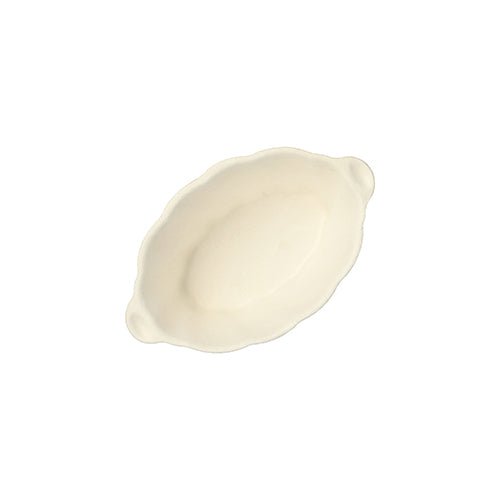 The small, oval, cream-colored PAPSTAR finger food bowls sugarcane "Wave" (3x9.5x6 cm) from PAPSTAR GmbH with a wavy edge and two handles is pictured on a white background. 50 pieces per pack.