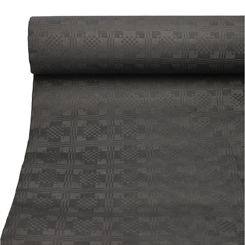 A close-up of an unrolled PAPSTAR paper tablecloth with damask embossing (50 m x 1 m) from PAPSTAR GmbH shows its dark gray surface with a subtle, repeating checkered embossing pattern.