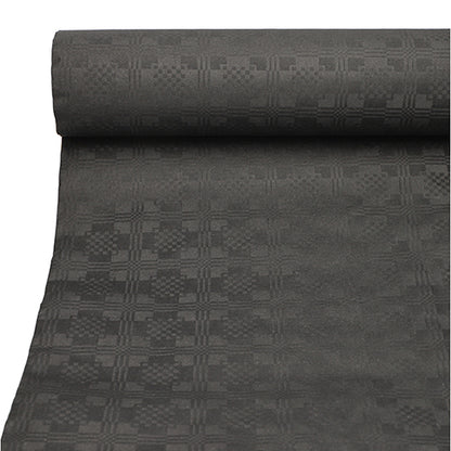 A close-up of an unrolled PAPSTAR paper tablecloth with damask embossing (50 m x 1 m) from PAPSTAR GmbH shows its dark gray surface with a subtle, repeating checkered embossing pattern.