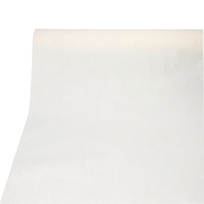A roll of PAPSTAR tablecloth, fabric-like, PV-Tissue Mix "ROYAL Collection" (20 m x 1.18 m) from PAPSTAR GmbH is smoothly rolled out on a white surface and has a solid white background below.