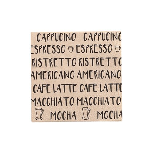 The 20 PAPSTAR napkins (25 x 25 cm, three-ply, 1/4 fold) from PAPSTAR GmbH feature repeated names of black coffee drinks and cup images on beige for added style and durability.