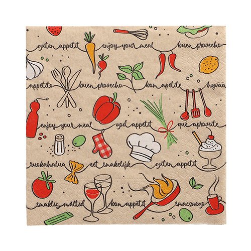 The PAPSTAR 20 napkins (33x33 cm, 3-ply, 1/4 folded, natural) from PAPSTAR GmbH are adorned with colorful food and kitchen illustrations and cheerful sayings like "Guten Appetit" and "Guten Appetit".
