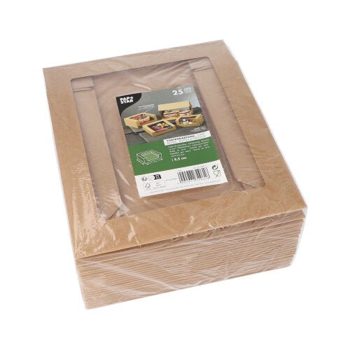 A stack of 25 PAPSTAR rectangular cake boxes with lids with PLA window from PAPSTAR GmbH, packaged in foil, with a label on top showing product information and application images.