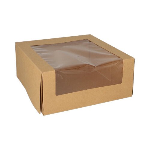 The PAPSTAR GmbH 25 cake boxes with lids rectangular have a practical PLA window that makes the contents visible. The environmentally friendly boxes are made of brown cardboard and are presented against a white background.